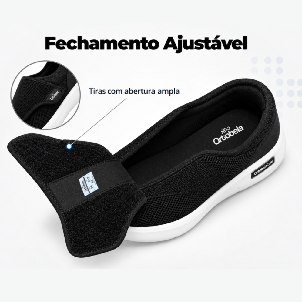 O T&ecirc;nis Conforto Ortobela Care&reg; foi desenvolvido para proporcionar uma experi&ecirc;ncia de calce mais confort&aacute;vel para pessoas que precisam de mais espa&ccedil;o dentro do cal&ccedil;ado, facilidade para cal&ccedil;ar e ajuste no peito do p&eacute;.  Com forma mais larga que a dos cal&ccedil;ados convencionais, fechamento amplo em velcro e cabedal flex&iacute;vel e respir&aacute;vel, ele se adapta melhor a diferentes formatos e volumes dos p&eacute;s, inclusive quando existe incha&ccedil;o ao longo do dia.